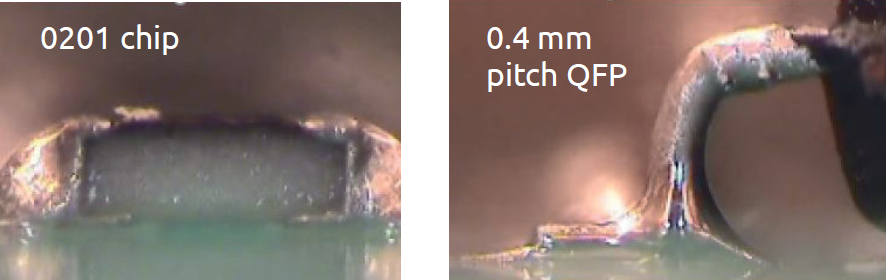 Zwei mit MR-NH gelötete Stellen in der Seitenansicht: links ein 0201-Chip, rechts ein QFP-Anschluss mit 0,4 mm Pitch, beide sauber benetzt