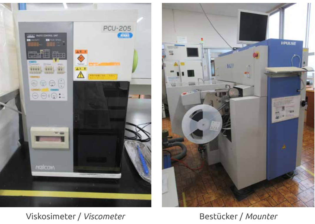 Zwei Fotos aus dem Almit-Labor: eine Paste Control Unit PCU-205 und eine Bestueckungsanlage. Bildunterschriften: Viskosimeter / Viscometer und Bestuecker / Mounter.