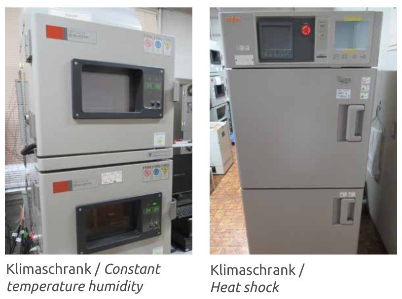 Fotos zweier Klimaschraenke im Almit-Labor, beschriftet mit Constant temperature humidity und Heat shock.
