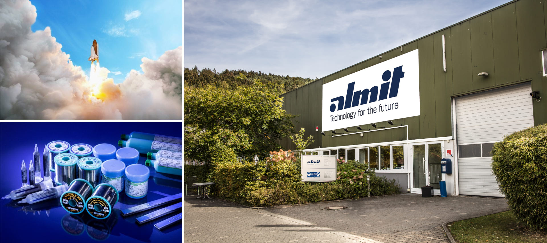 Bildcollage: ein startendes Space Shuttle, Lötdraht, Lötpaste und Lötbarren von Almit sowie das Almit-Gebäude in Michelstadt